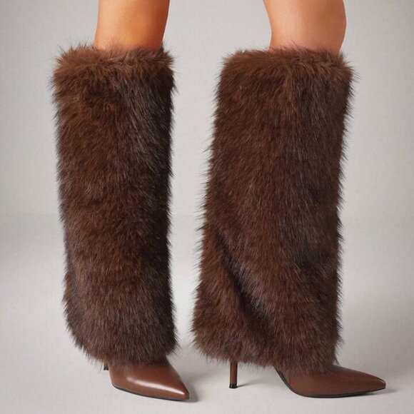 Fur Knee High Heels Boots - Picture 1 of 3